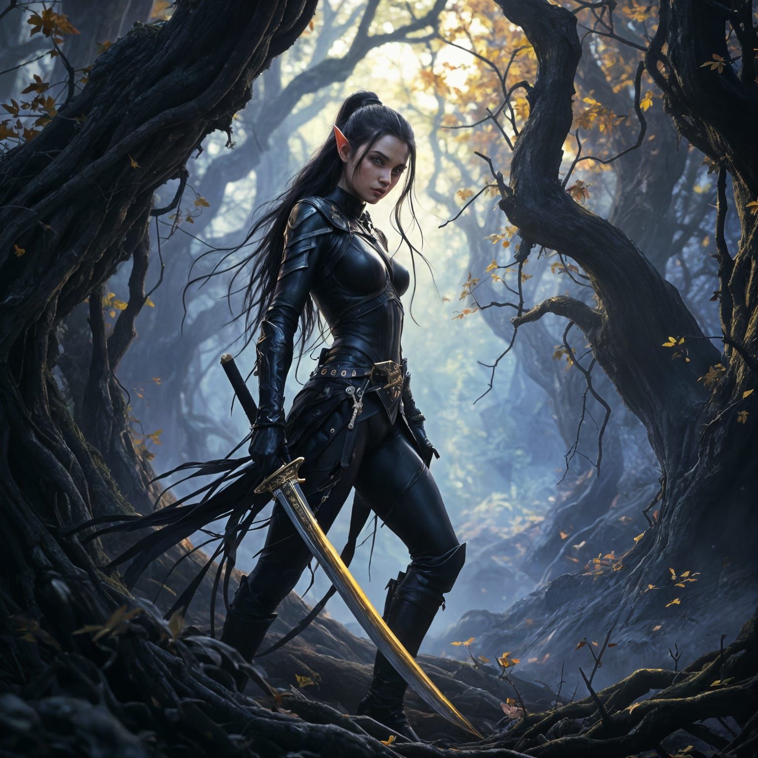 Elf Warrior Princess in Forest, Dark Fantasy Art
