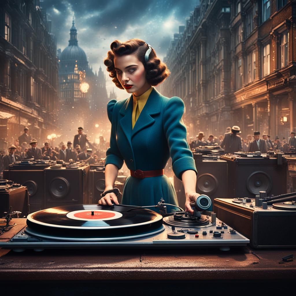 Vintage Girl DJ During London Blitz in Detailed Painting