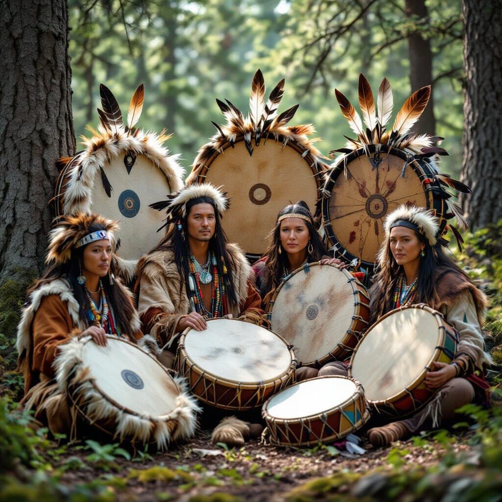 Harmonious Shamanic Drums in Forest, Photorealistic Style
