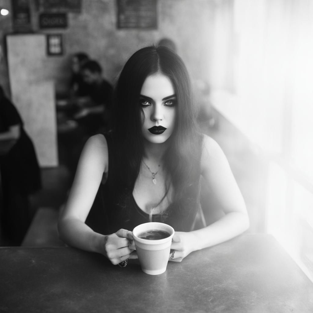 Goth Model in Coffee Shop: Black and White Photography