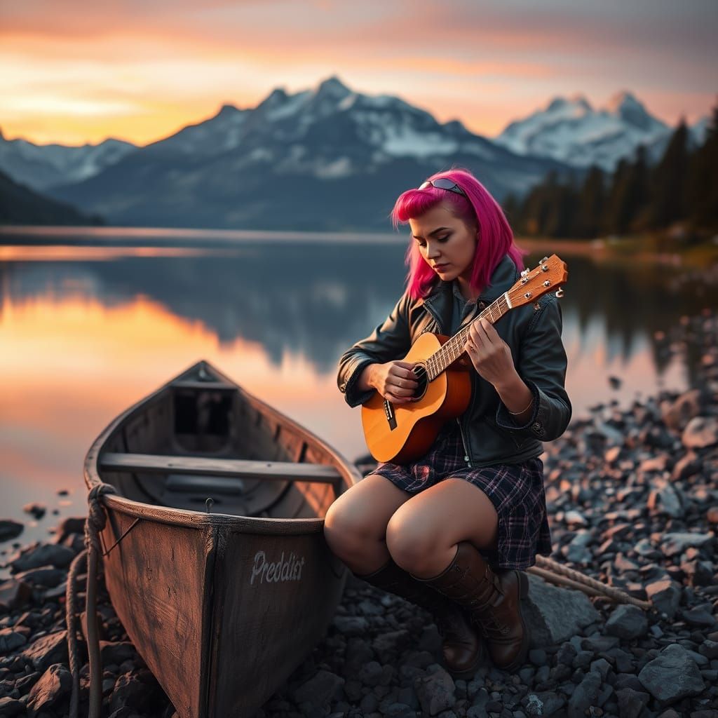 Alpine Lake at Twilight with Rockabilly Musician