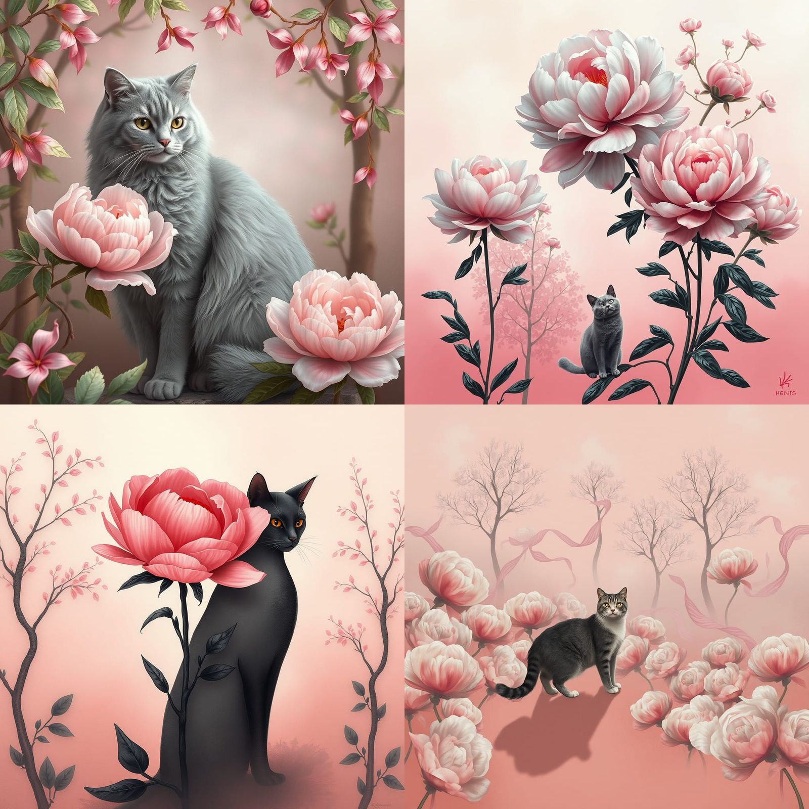 Abstract Peonies, Cat, and Ribbon Trees in Klimt Style