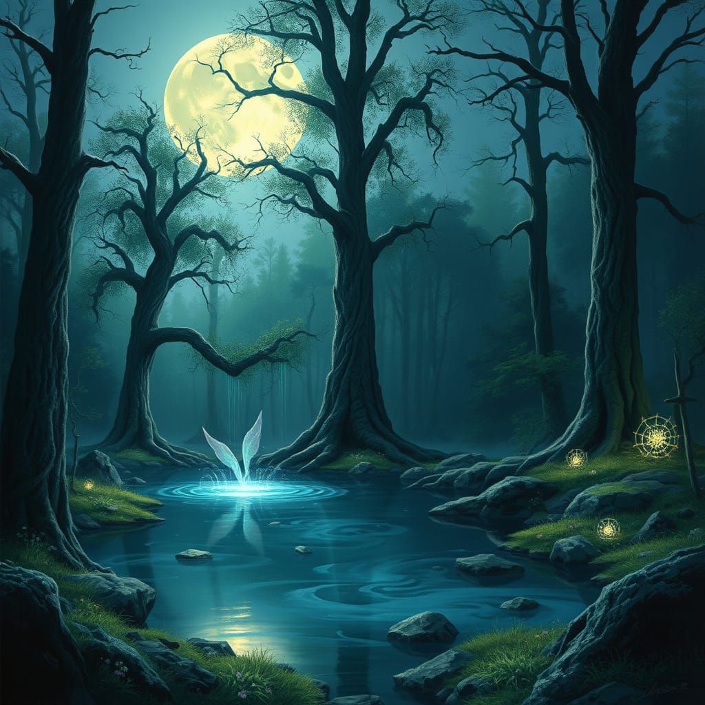 Moonlit Enchanted Forest Clearing with Glowing Runes