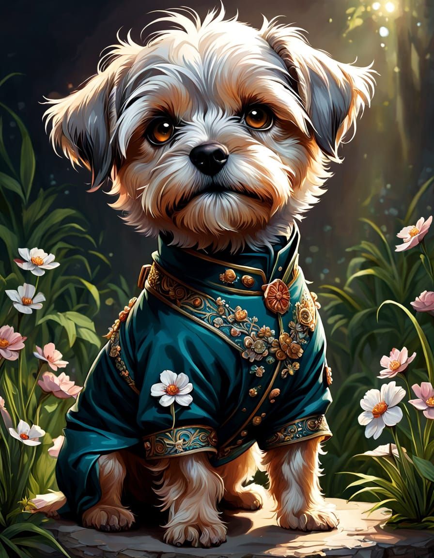 Cute Dandie Dinmont Terrier in Vibrant Floral Attire