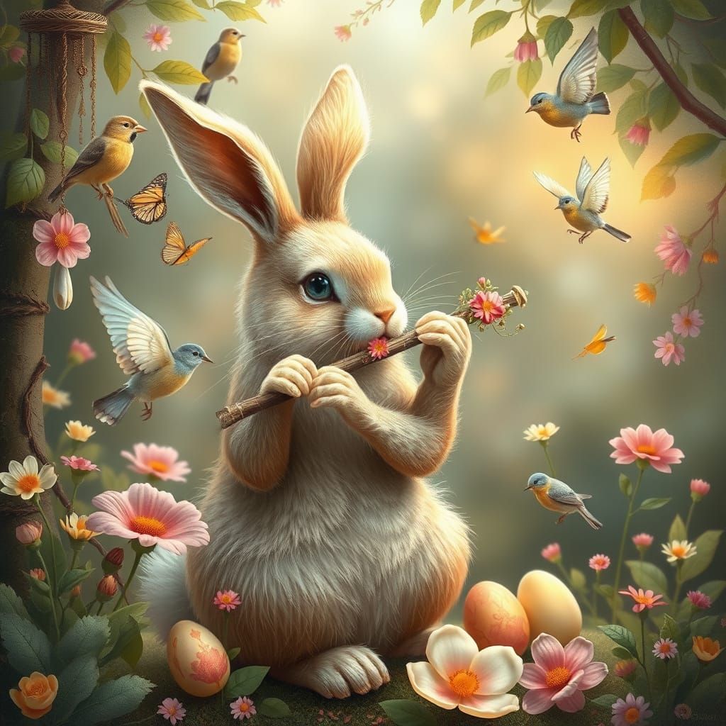 Whimsical Easter Bunny Flute Player in Enchanted Garden