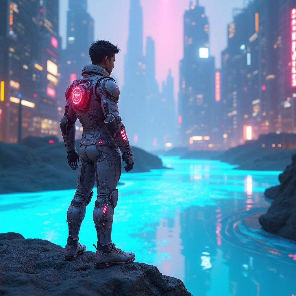 Cyberpunk City and Fluorescent River with 3D Character