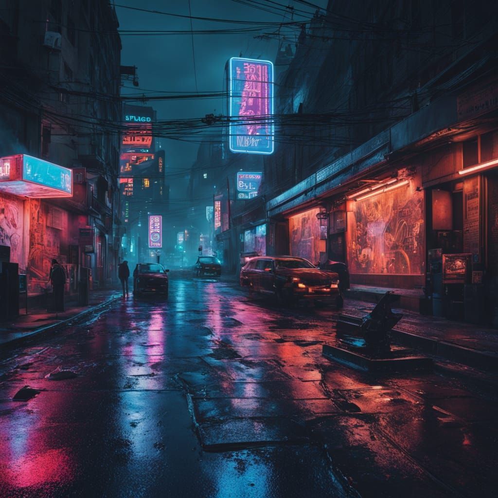 Cyberpunk Urban Street Scene with Neon-Lit Electronics Sculp...