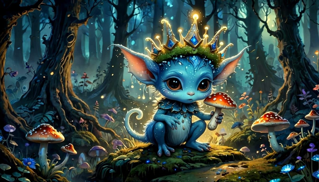 Ethereal Goblin King with Fungi Crown in Enchanted Forest