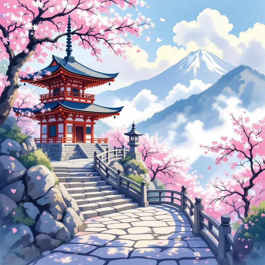 Serene Japanese Temple Amidst Cherry Blossoms