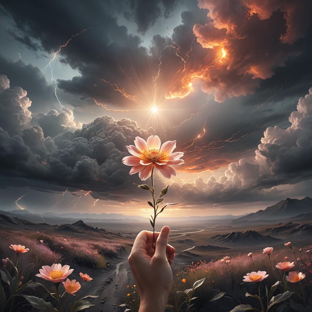 Delicate Flower Blooms in Stormy Surreal Landscape