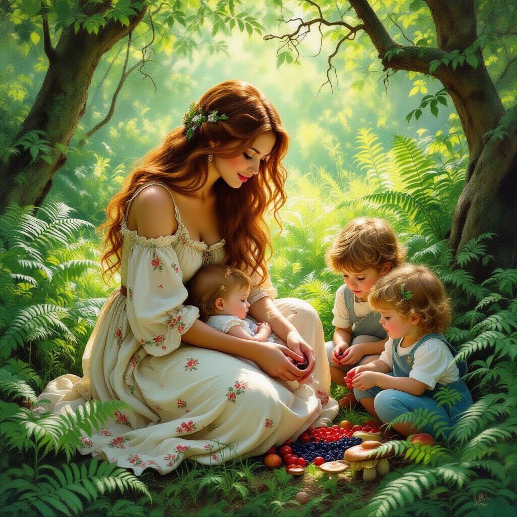 Woman and Children in Forest Grove, Pre-Raphaelite Style