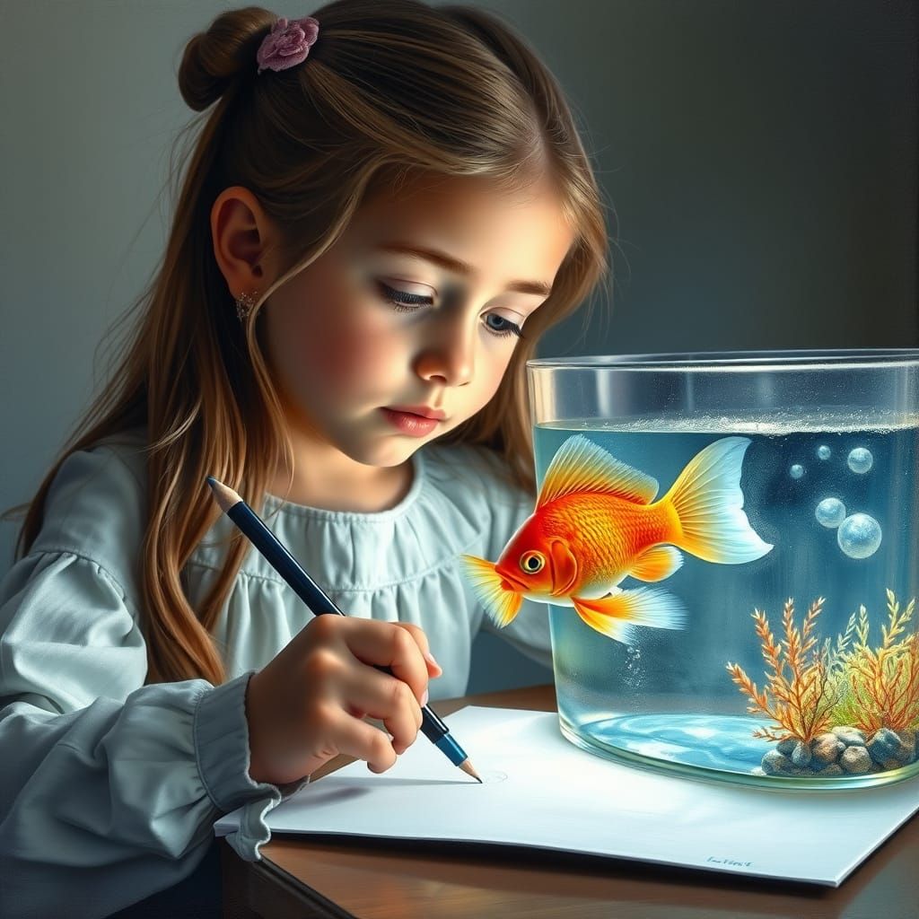 Girl Draws Magical Swimming Fish Tank with Graphite Pencil