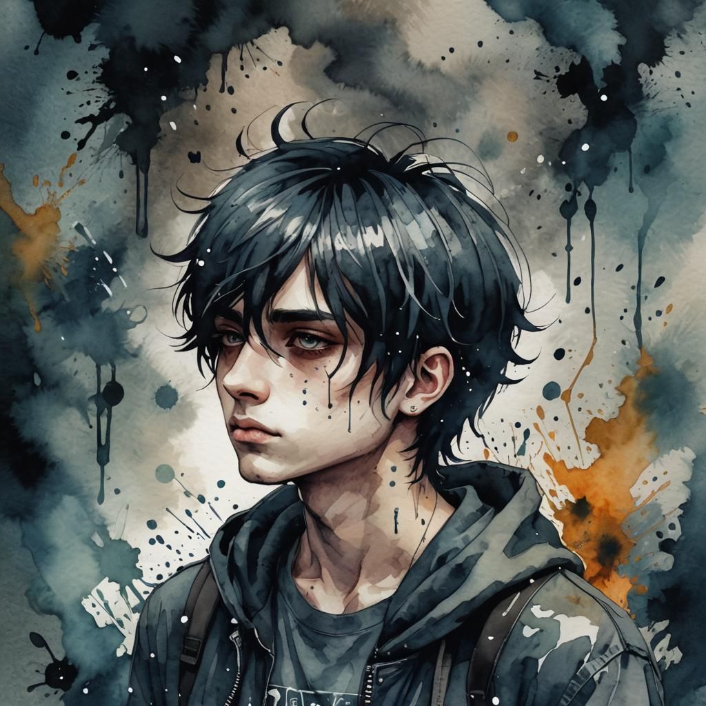 Emo Boy in Advanced Watercolor Art Style