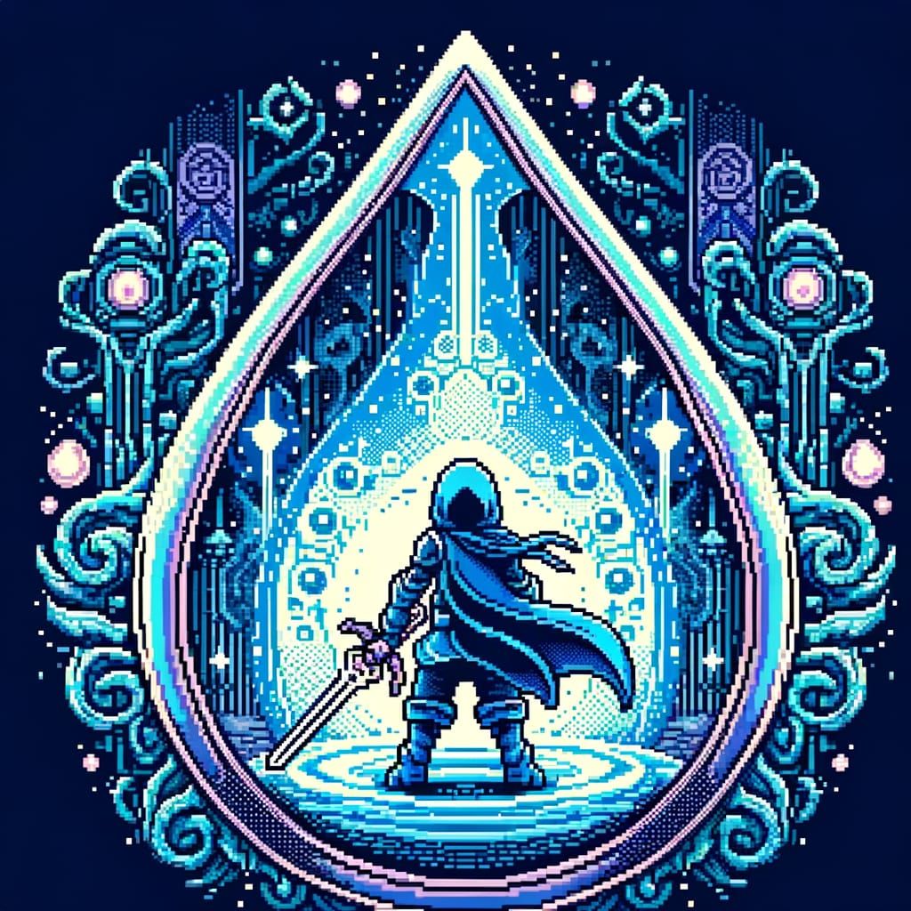 Blue Hero Encapsulated in 8-bit Pixel Art