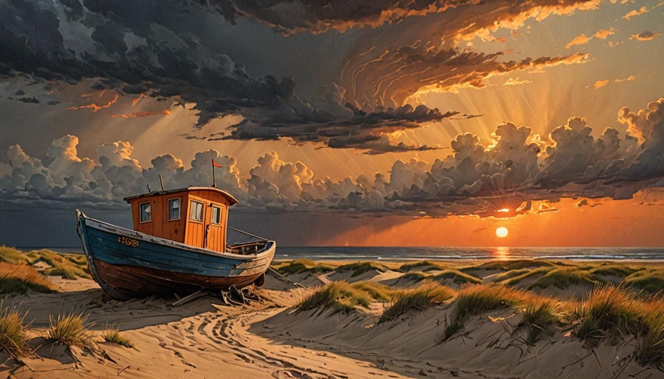 Dory Boat House at Sunset in Soviet Realism