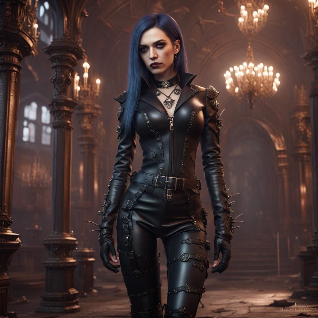 Goth Girl in Leather Outfit: Detailed Matte Painting