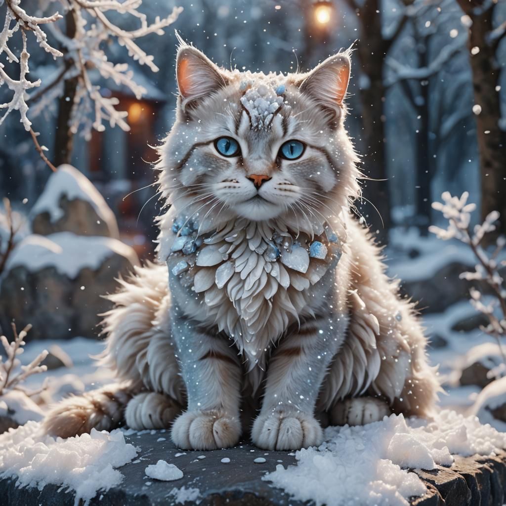 Icy Snow Cat on Stone Pedestal, Fantasy Art