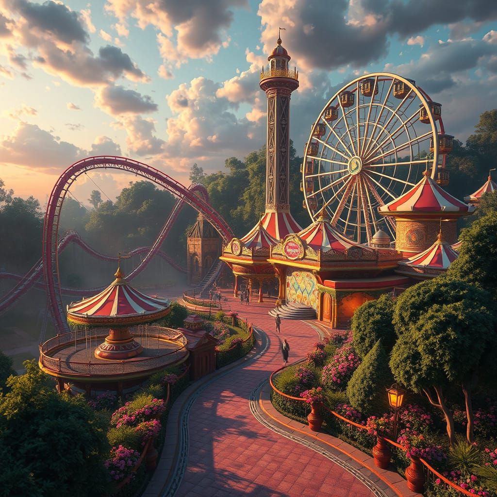 Enchanted Amusement Park Wonderland in Dreamlike Landscape