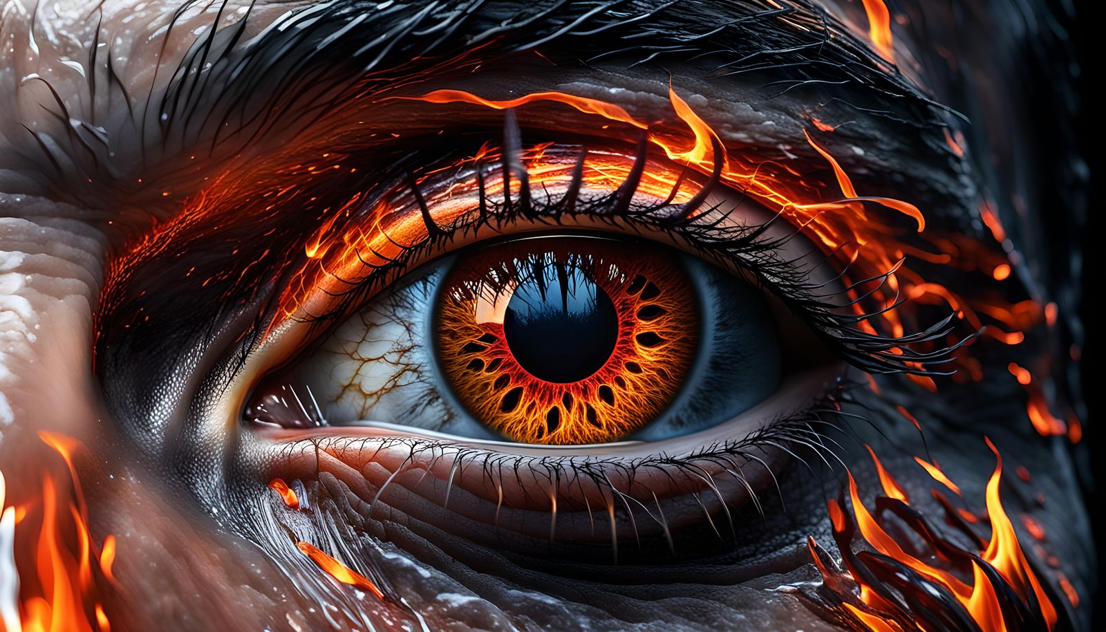 Fiery Waterfalls Reflecting in Human Eye, Cyberpunk Style