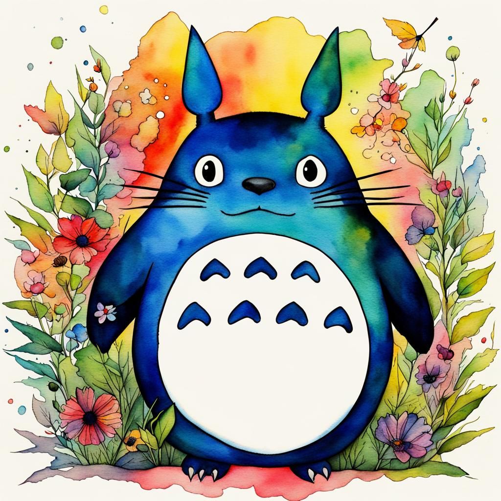 Colorful Watercolor Painting of Totoro