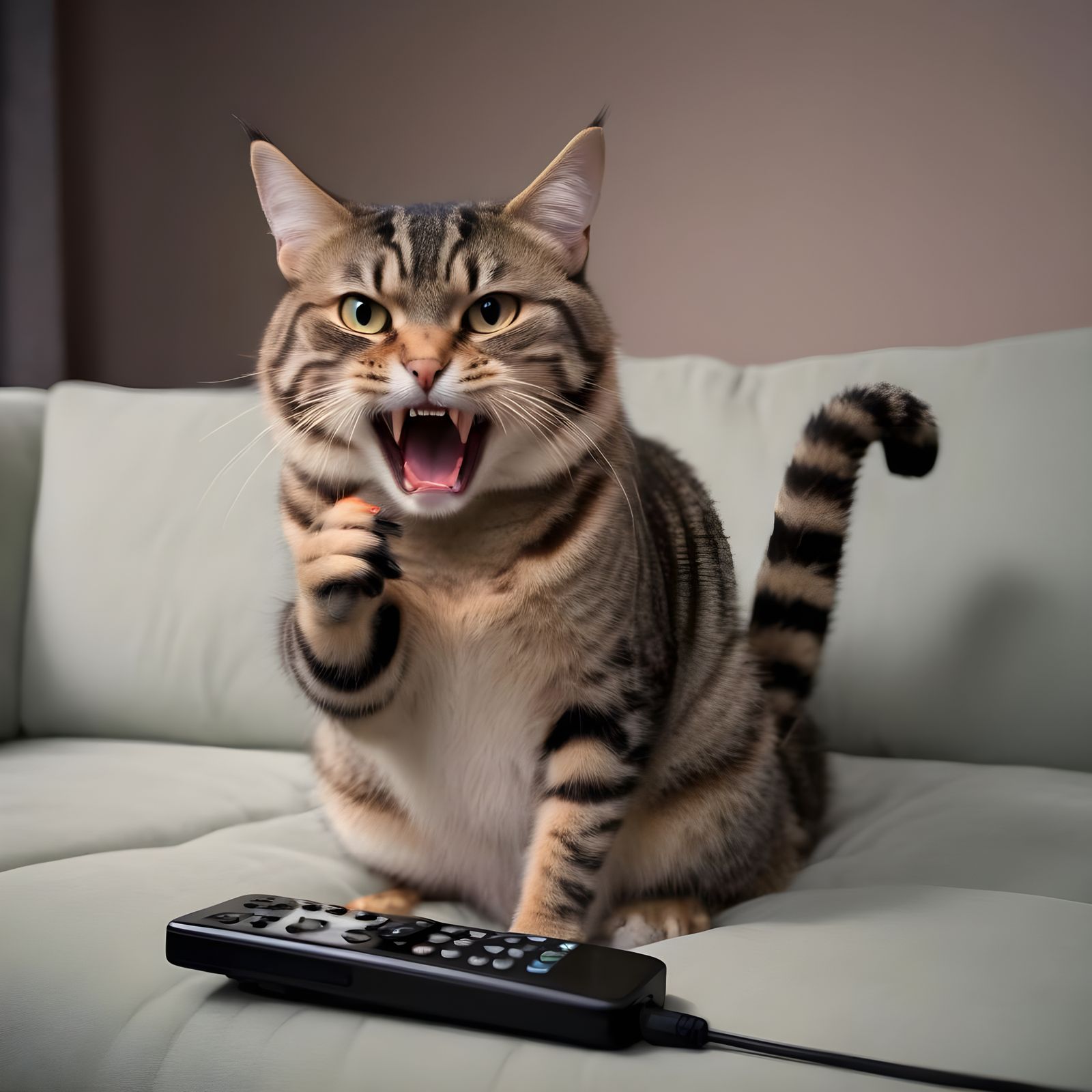 Hissing Cat with Phone and Remote on Sofa