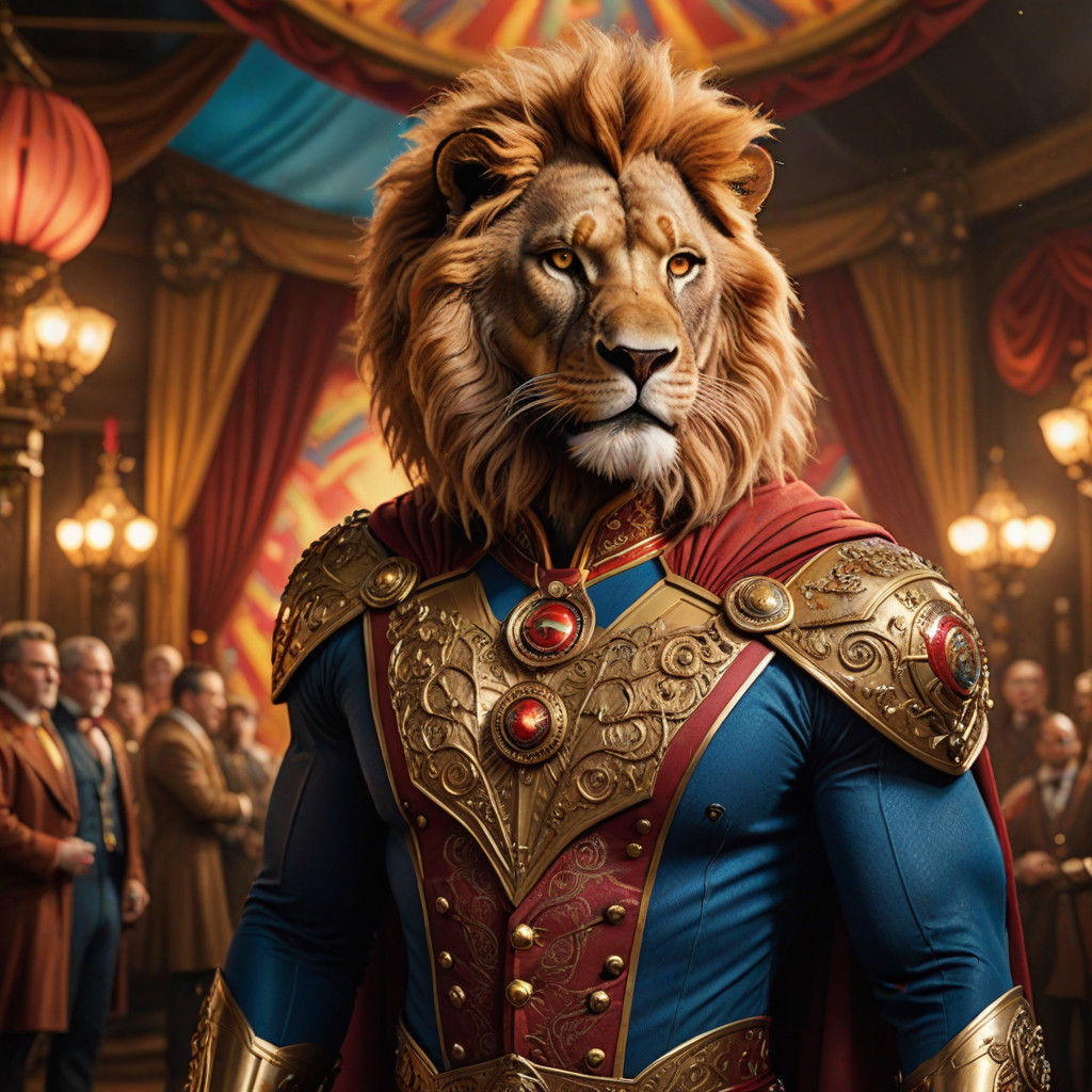 Dramatic Victorian-Era Lion Tamer Superman in a Whimsical Ci...