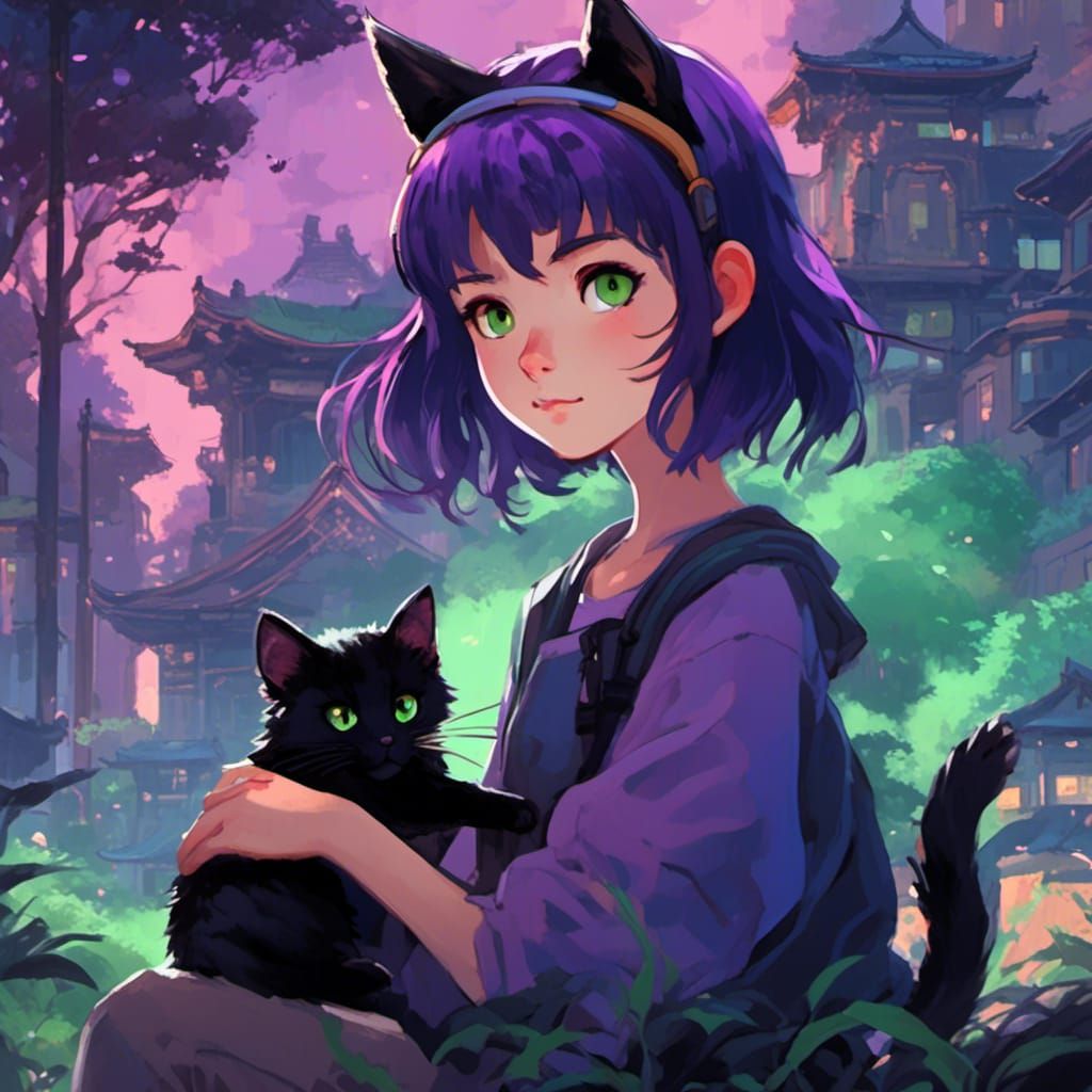 Gamer Girl with Cat in Anime Key Visual Style
