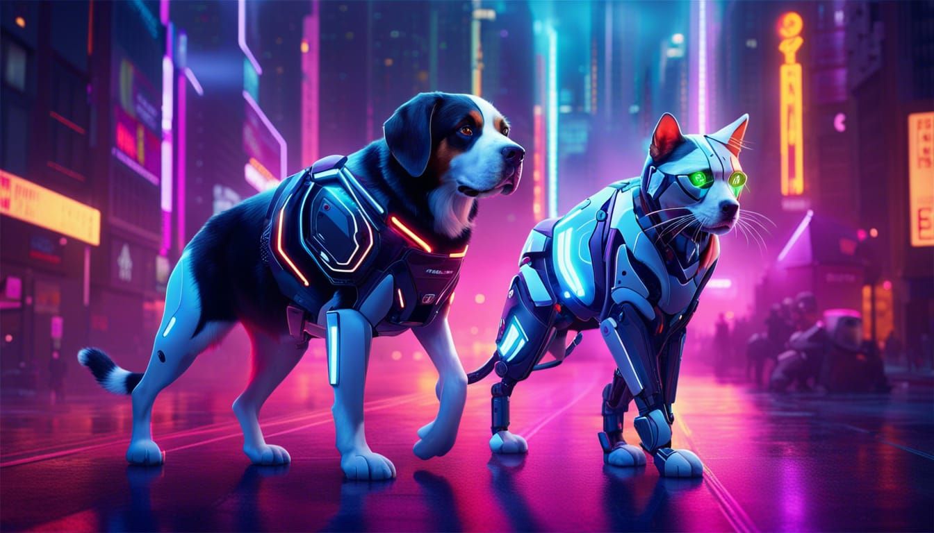 Robotic Swiss Mountain Dog Chasing Cat in Neon City