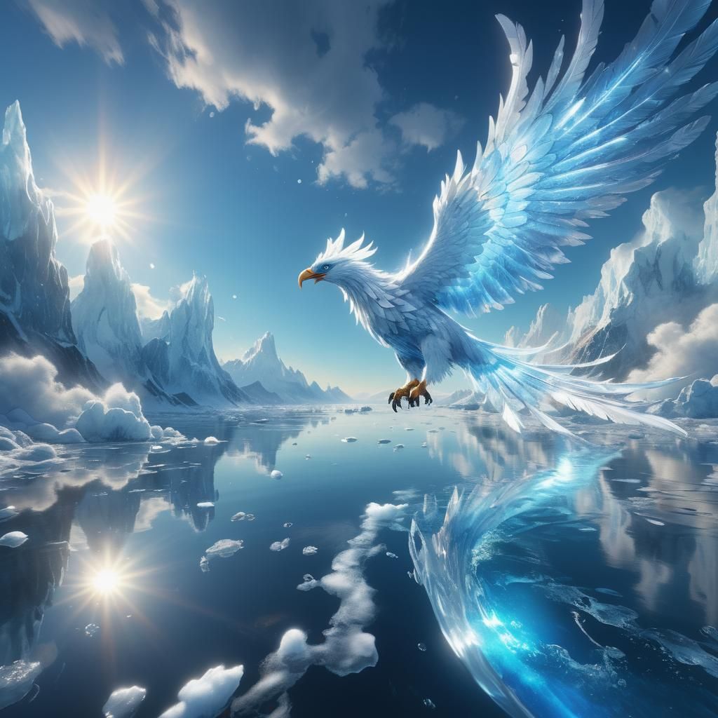 Vibrant Ice Phoenix Soars in a Triadic Color Sky
