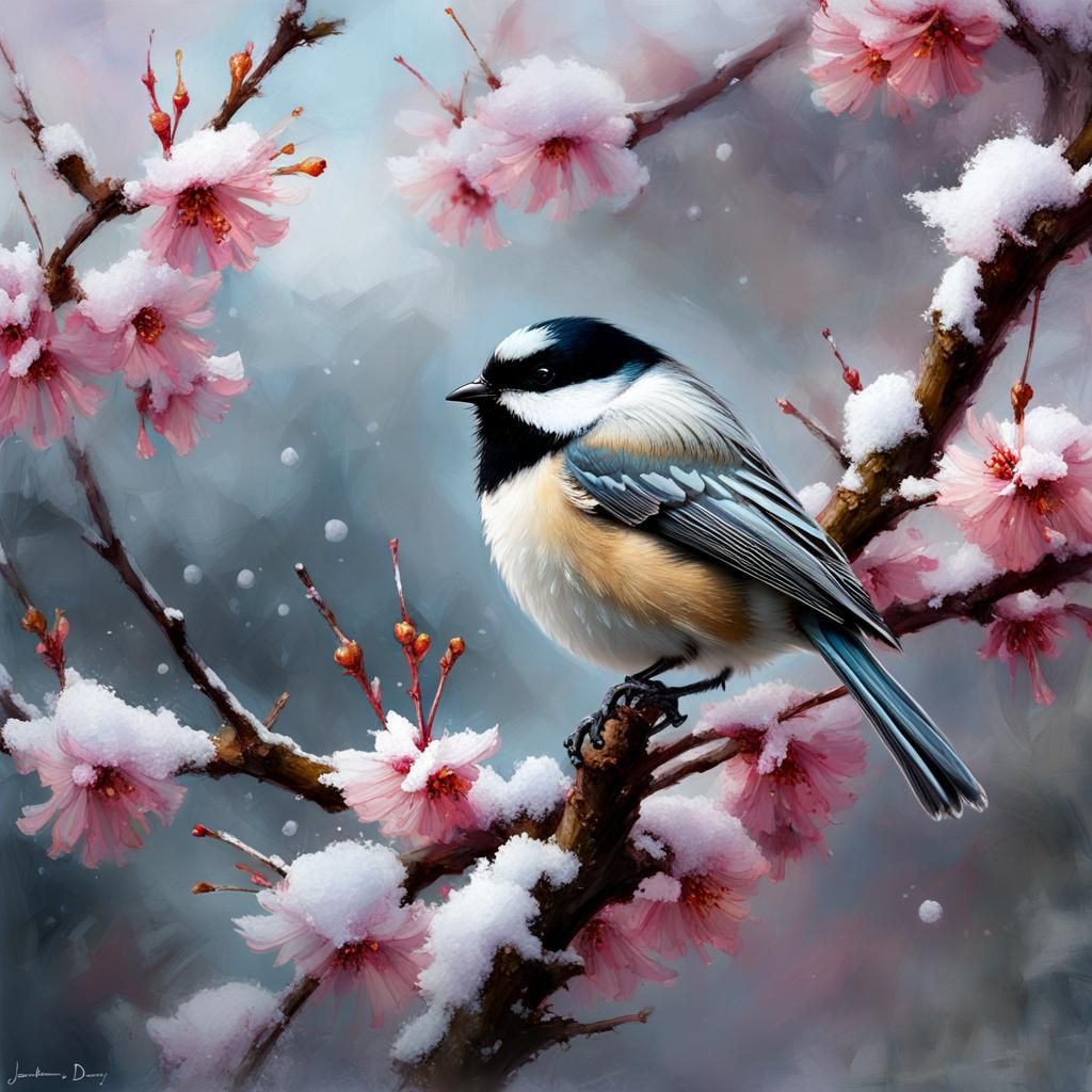 Chickadee on Snowy Cherry Branch: Detailed Matte Painting