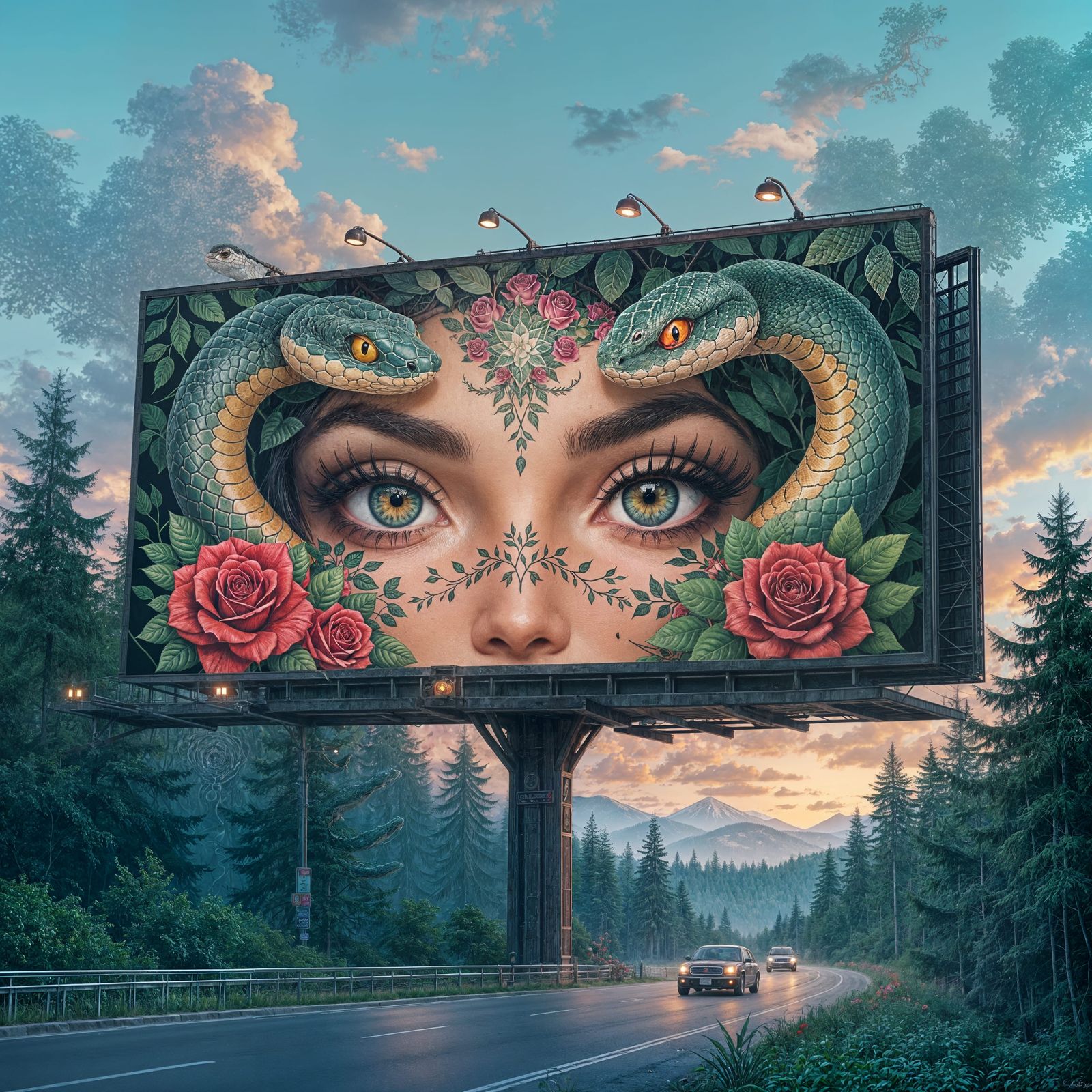 Mystical Forest Billboard Tattoo Art with Snakes and Roses