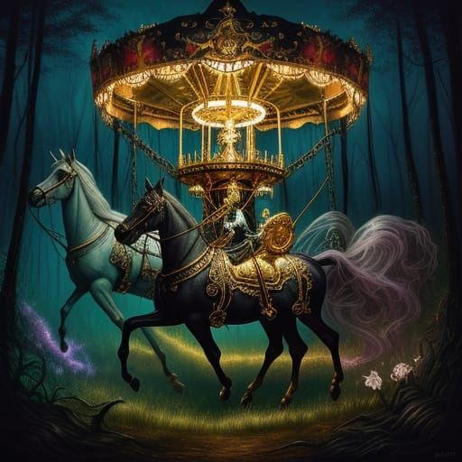 Ghostly Children Ride Glowing Carousel in Enchanted Forest