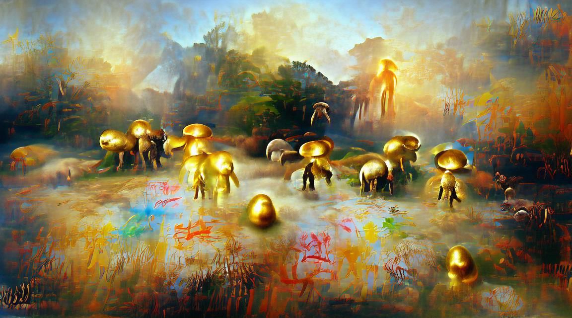 Golden Mushroom People with Elephants, Action Painting