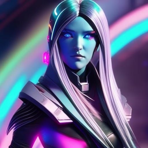 Cyberpunk Woman with Rainbow Hair and Blue Skin
