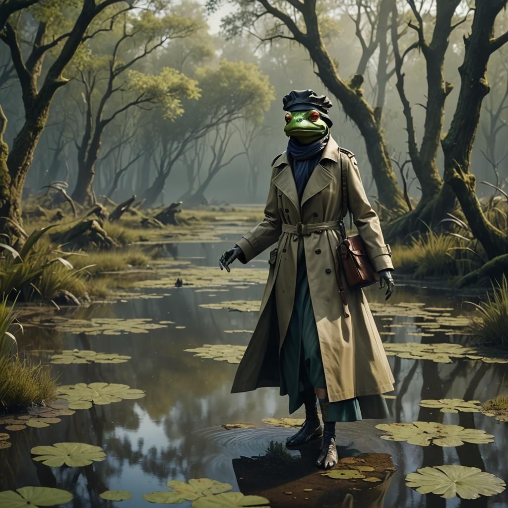 Frog Humanoid in Swamp: Detailed Matte Painting