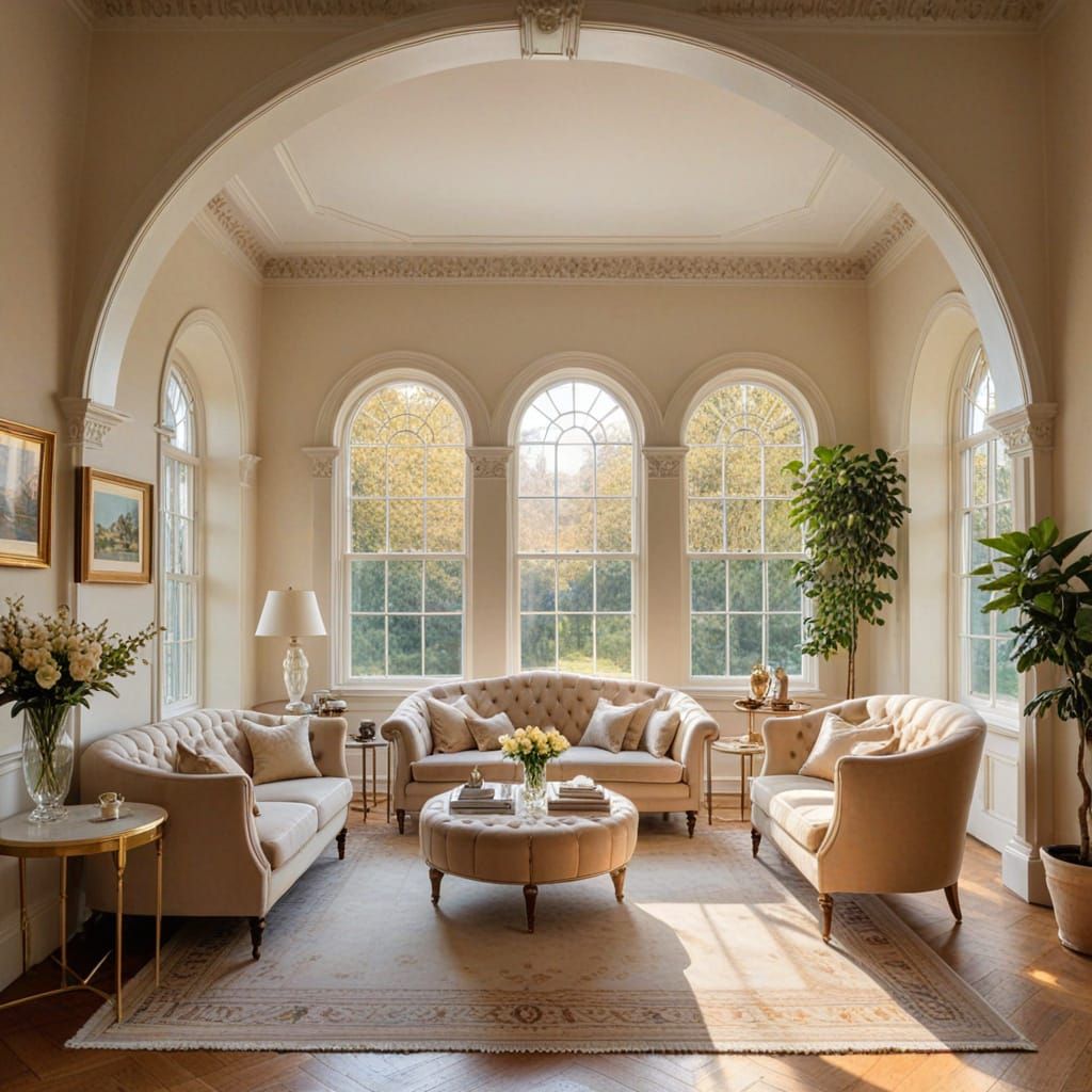 Elegant Classical Revival Interior with Golden Hour Arched W...