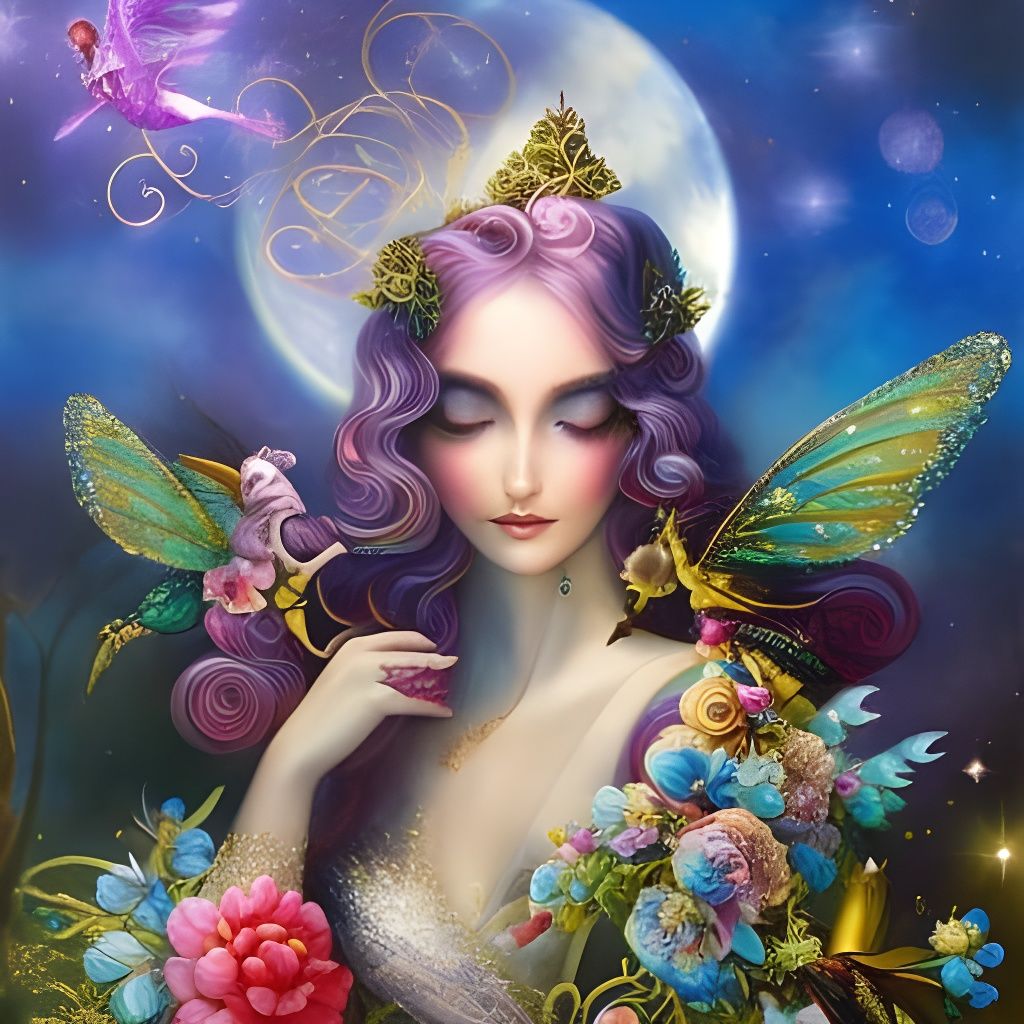 Moon Fairies Embrace in Rococo Illustration