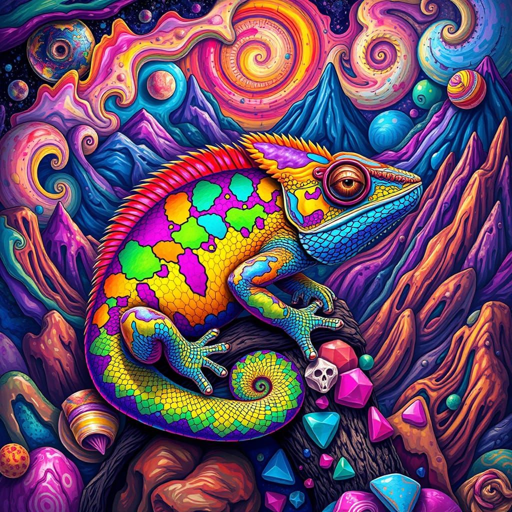Vibrant Psychedelic Chameleon in Whimsical Landscape