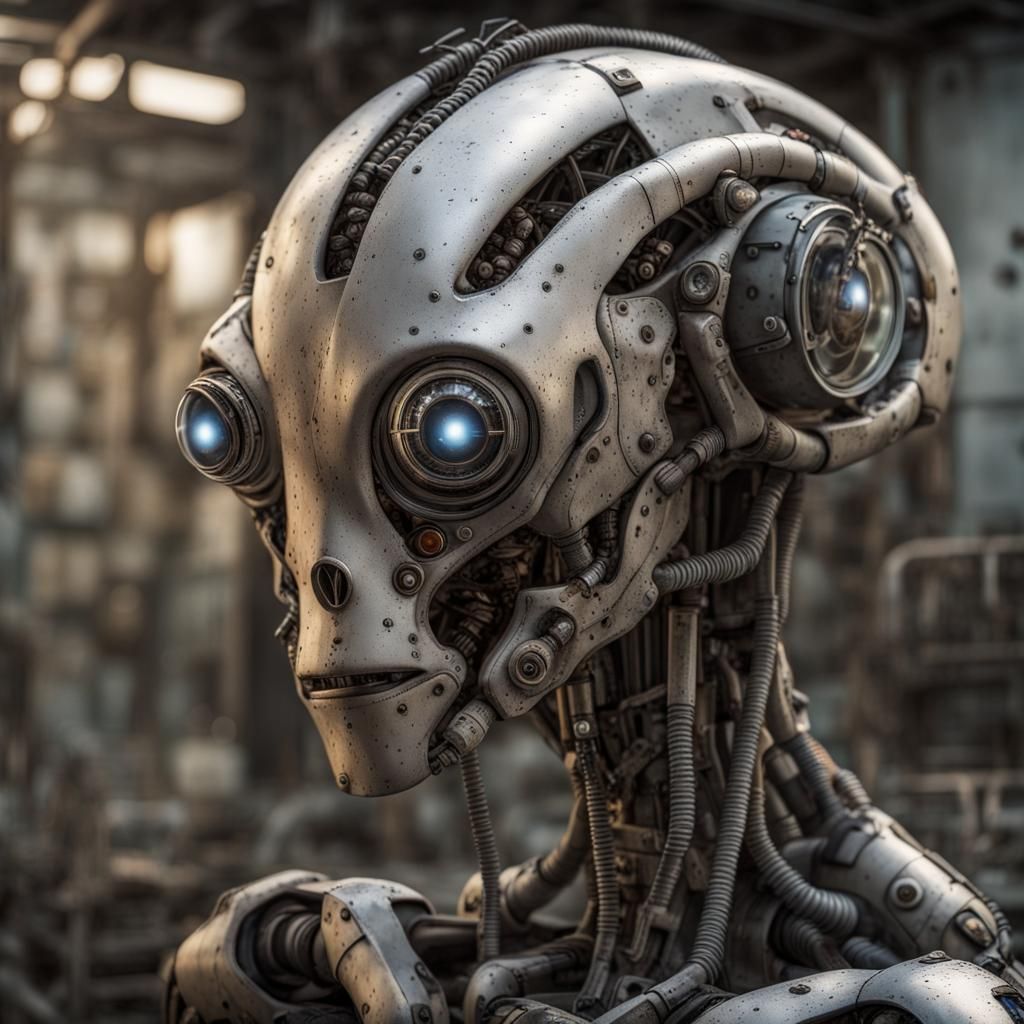 Realistic Sci-Fi Robotic Alien in Dystopian Landscape