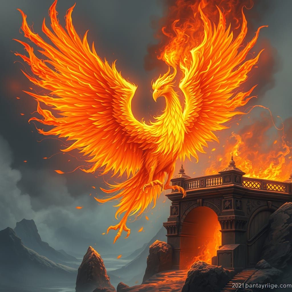 Fiery Phoenix Rising from Fantasy Bridge