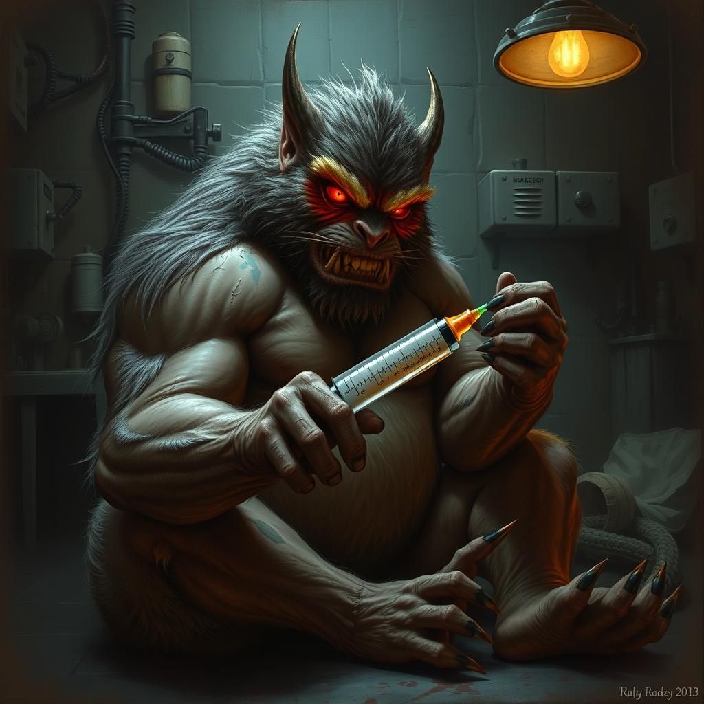 Menacing Furry Bicep Injection: Dark Fantasy Transformation
