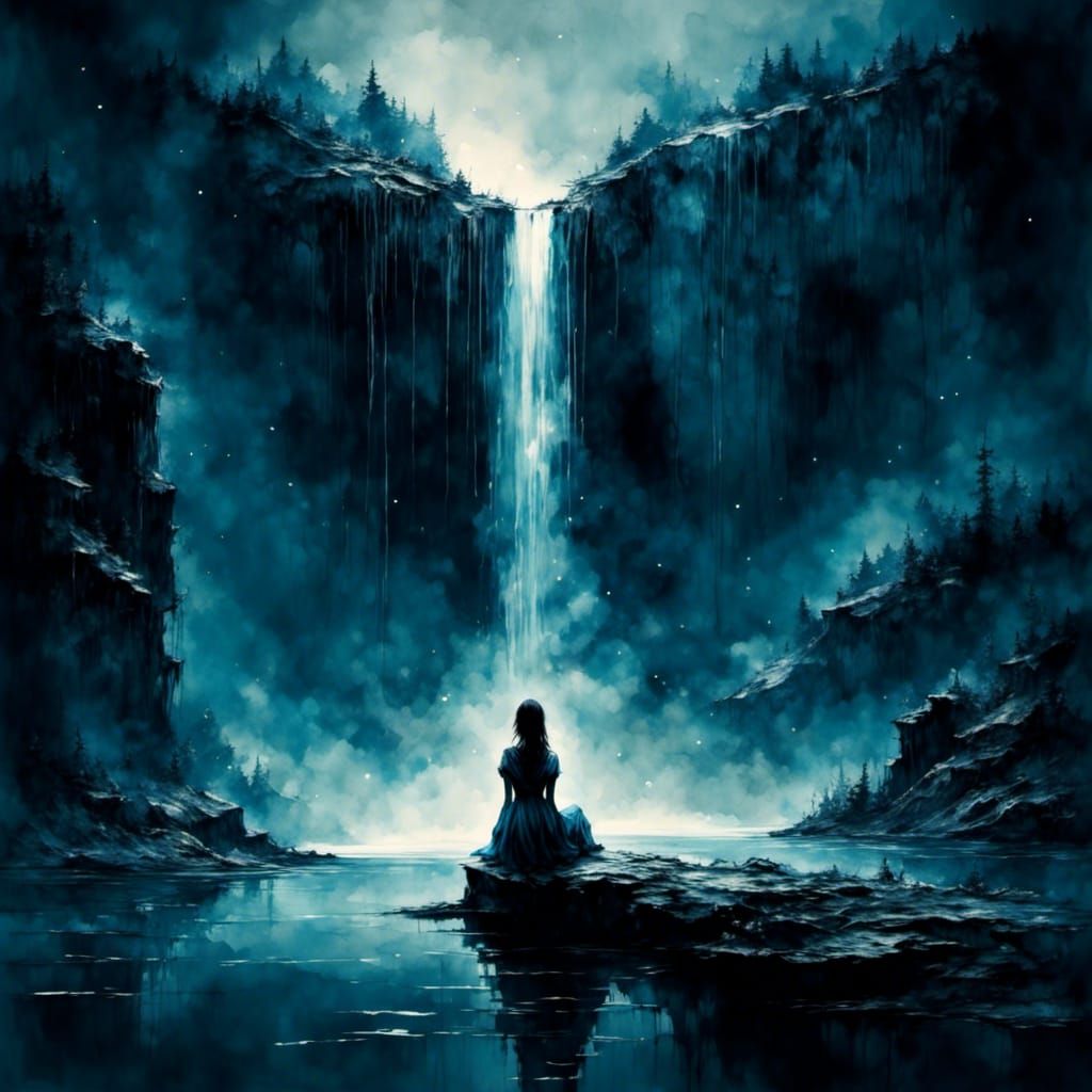 Lonely Girl by Waterfall: Watercolor Masterpiece