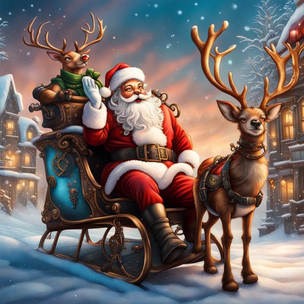 Steampunk Santa and Rudolph in Winter Wonderland