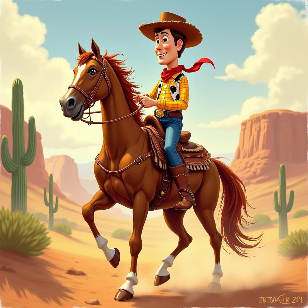 Classic Cowboy Woody Rides Majestic Horse in the Wild West