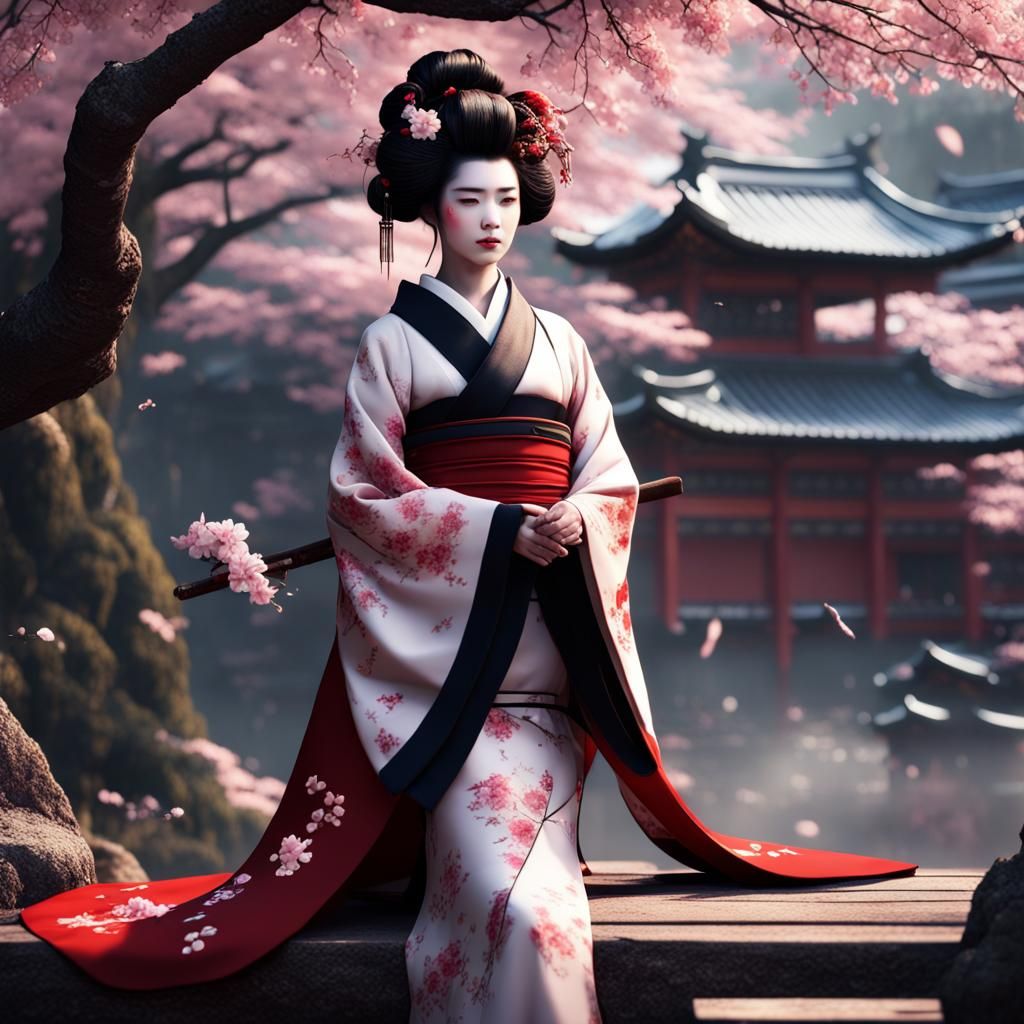 Geisha Under Sakura in Detailed Matte Painting