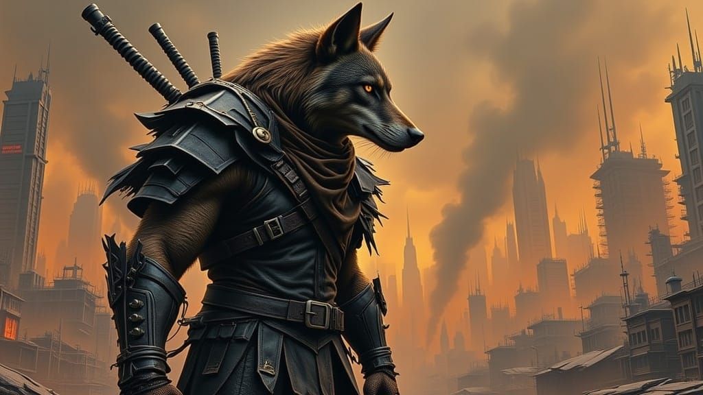 Gritty Dystopian Wolf Mercenary in Cyberpunk Style