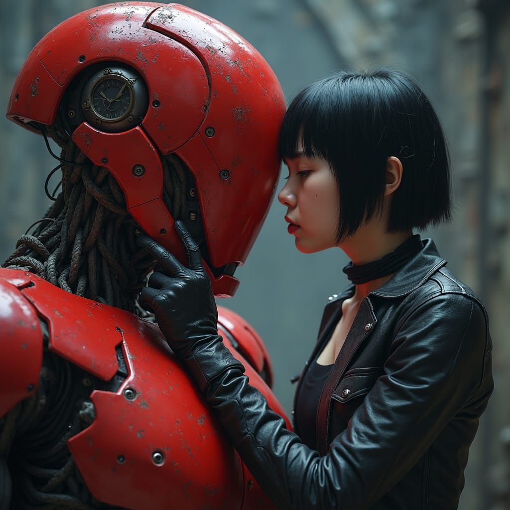 Sci-Fi Girl Repairs Red Robot in Dark Anime Style