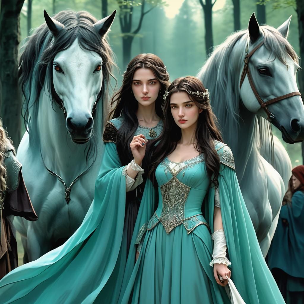 Ethereal Fantasy Scene with Women, Horse and Wolf