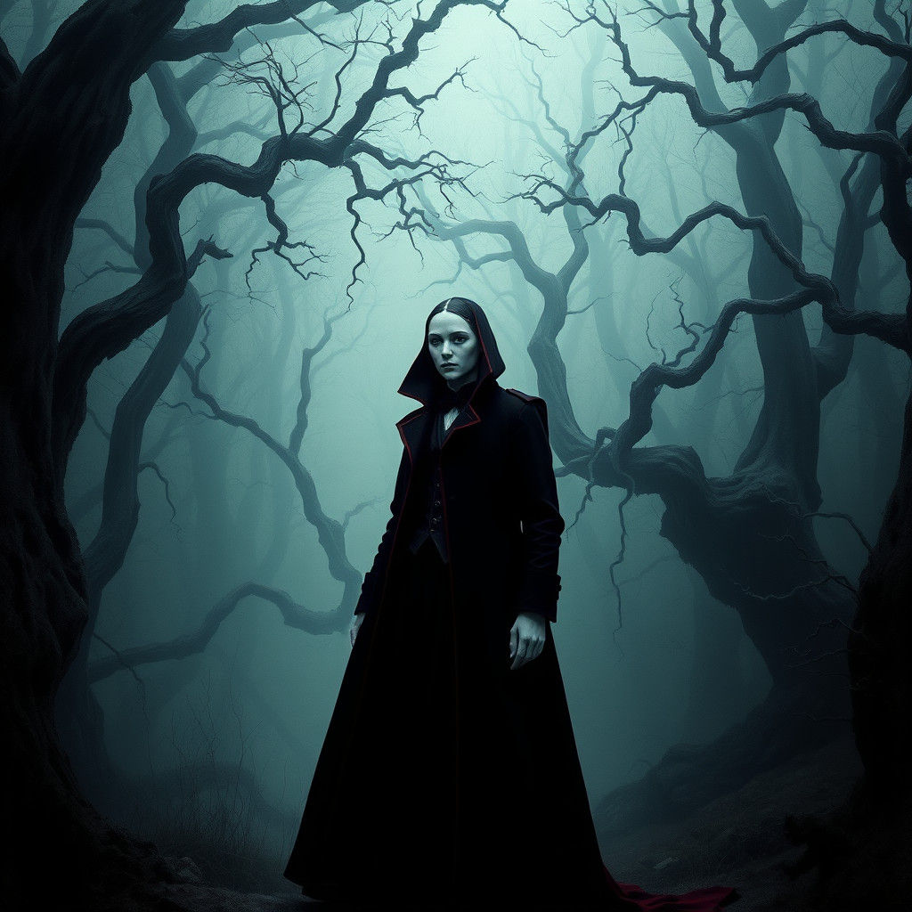 Mysterious Figure in Gothic Forest, Dark Fantasy Illustratio...