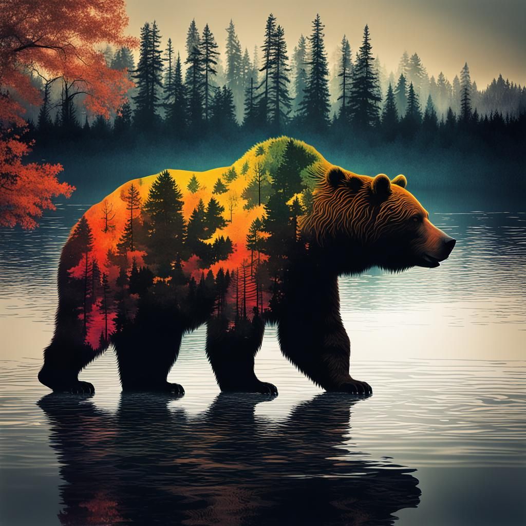 Surreal Kodiak Bear Silhouette in Vibrant Colors